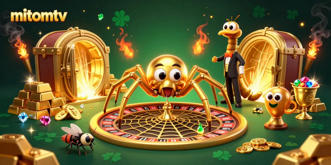 mitomtv showcases a nervous fly betting at a giant roulette wheel made of a golden web in this vibrant 3D illustration