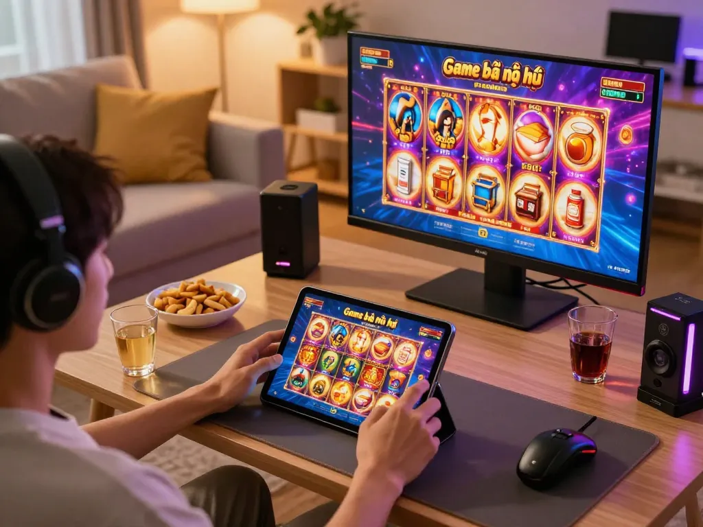 Exciting gameplay of Game bài nổ hũ on tablet showing vibrant slot reels.