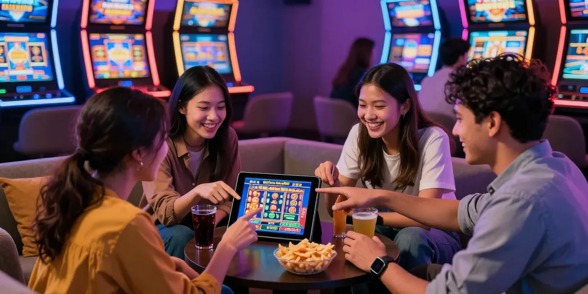 Situs Slot Gacor Asialive88 online casino scene with friends enjoying a game on a tablet amid vibrant decor.