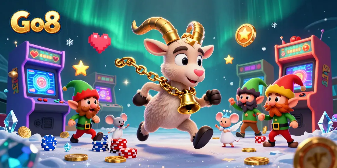 Experience the excitement at Go8 casino with a lively illustration of a festive Krampus goat running a holiday-horror gaming scene.