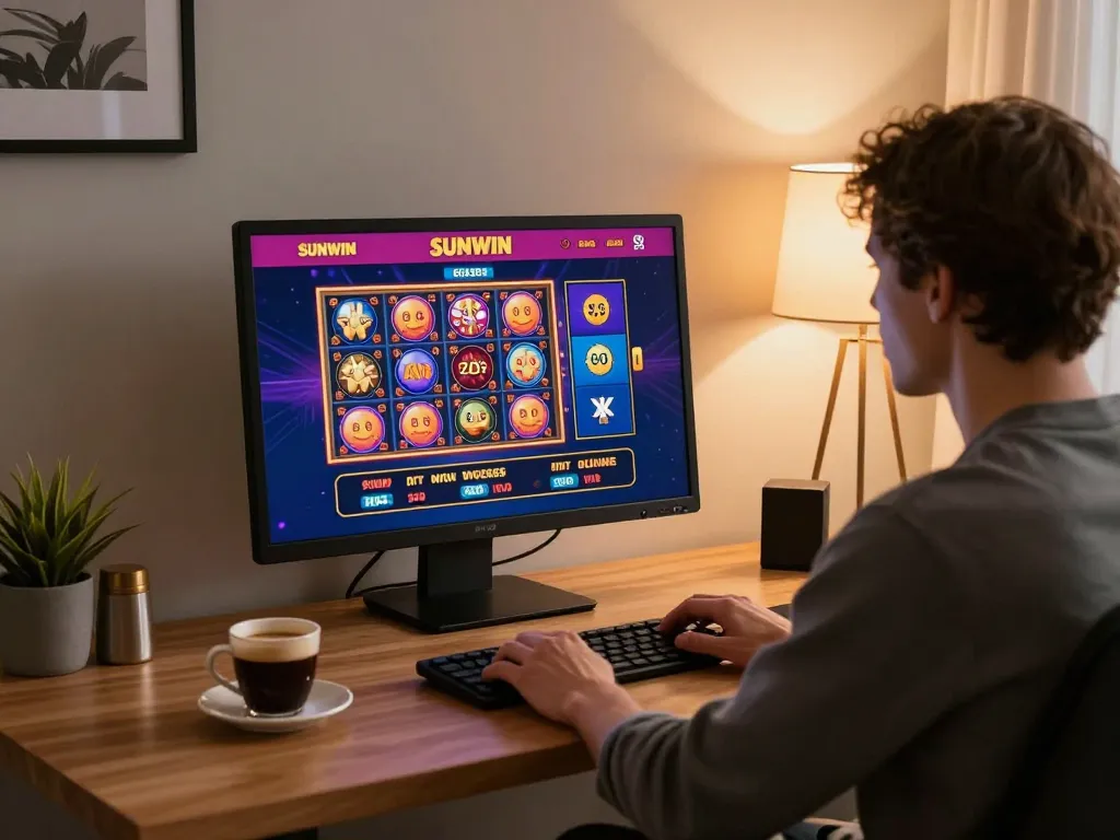 Engaging with SUNWIN casino games on a laptop in a cozy home office setup.