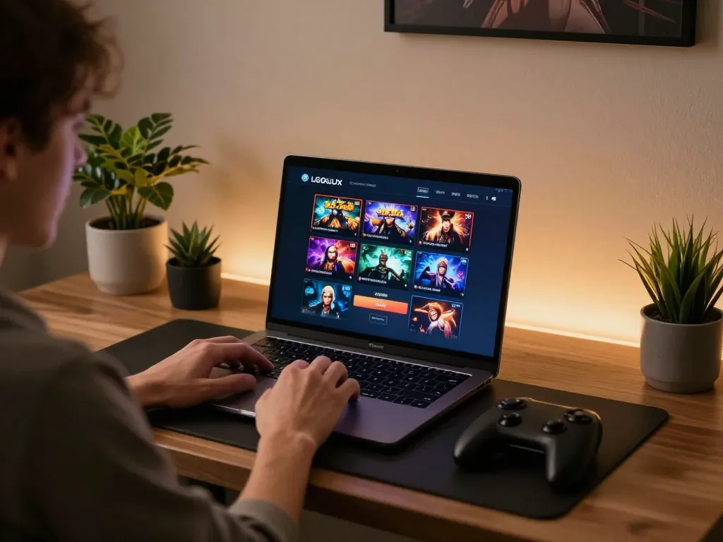 Engaging scene with LGOLUX LOGIN interface on a high-end laptop showcasing online gaming.