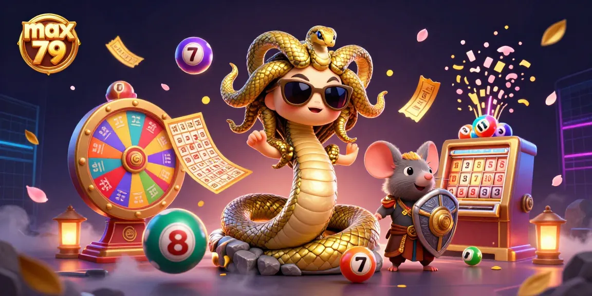 Max 79 casino scene with Medusa and lucky elements like colorful lottery balls and golden tickets.