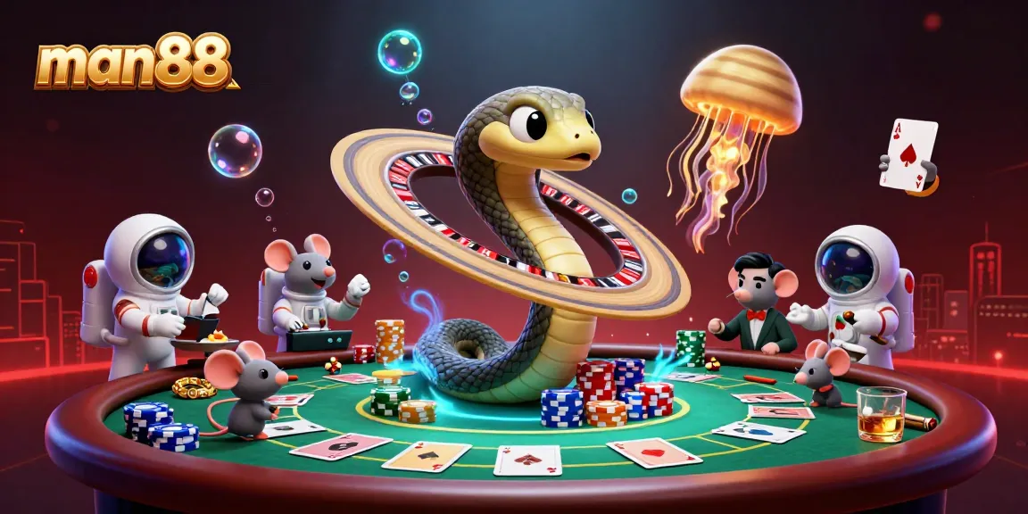 Engage with man88's exciting casino adventures featuring roulette snakes and astronaut mice.