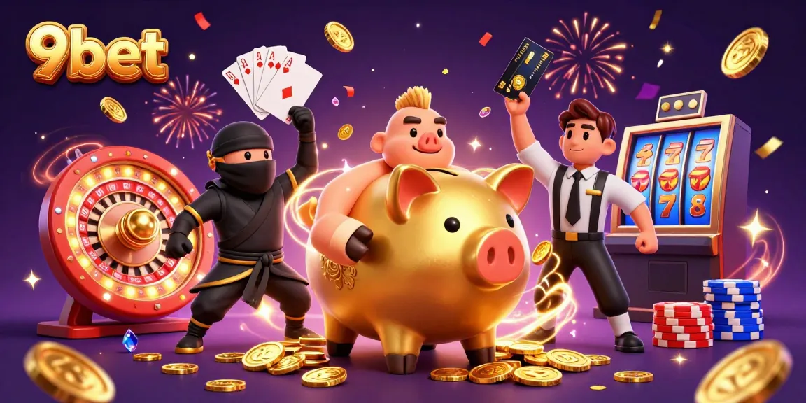 Win big with 9bet as a golden piggy bank sumo wrestler stomps, showering coins in a vibrant casino scene.