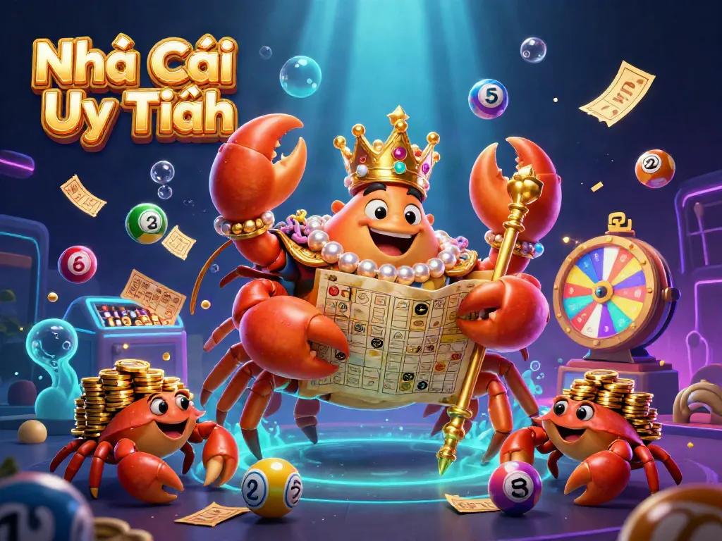 Engage with the vibrant world of Nhà Cái Uy Tín featuring a golden crab emperor with lottery symbols, scepter, and treasure map.