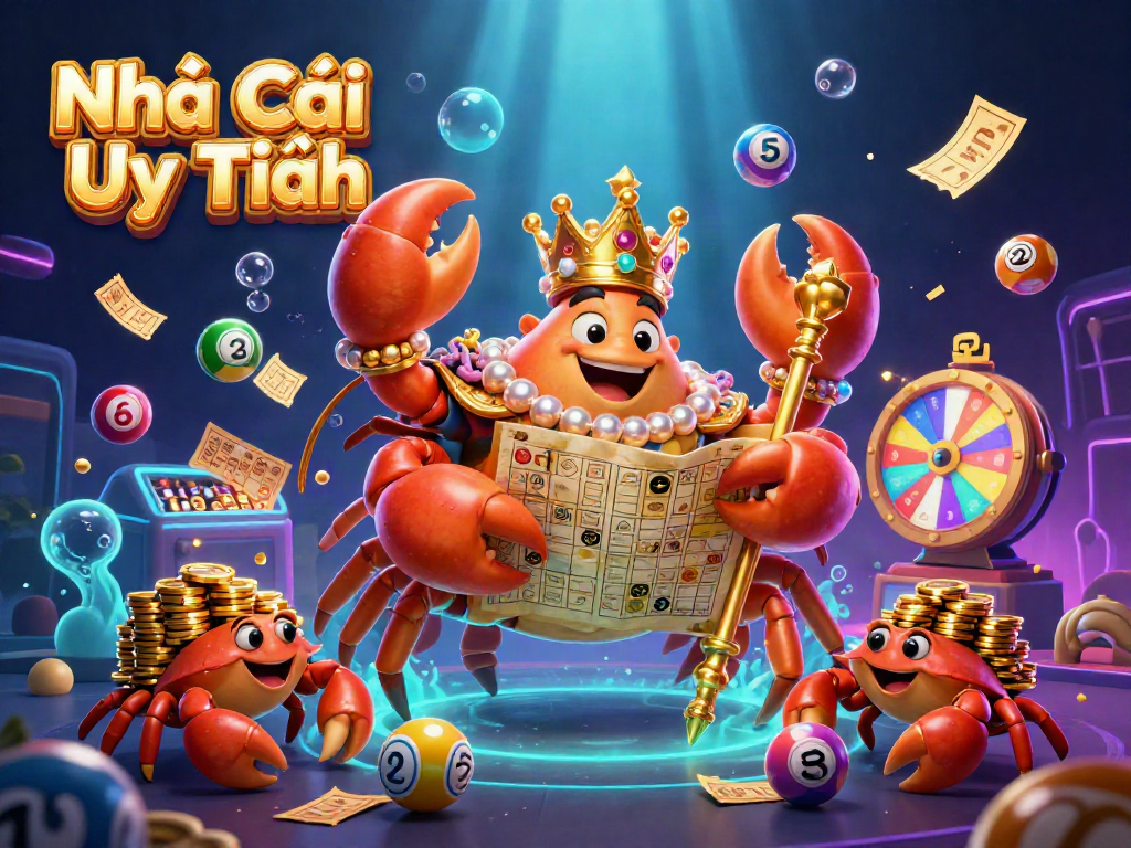 Engage with the vibrant world of Nhà Cái Uy Tín featuring a golden crab emperor with lottery symbols, scepter, and treasure map.
