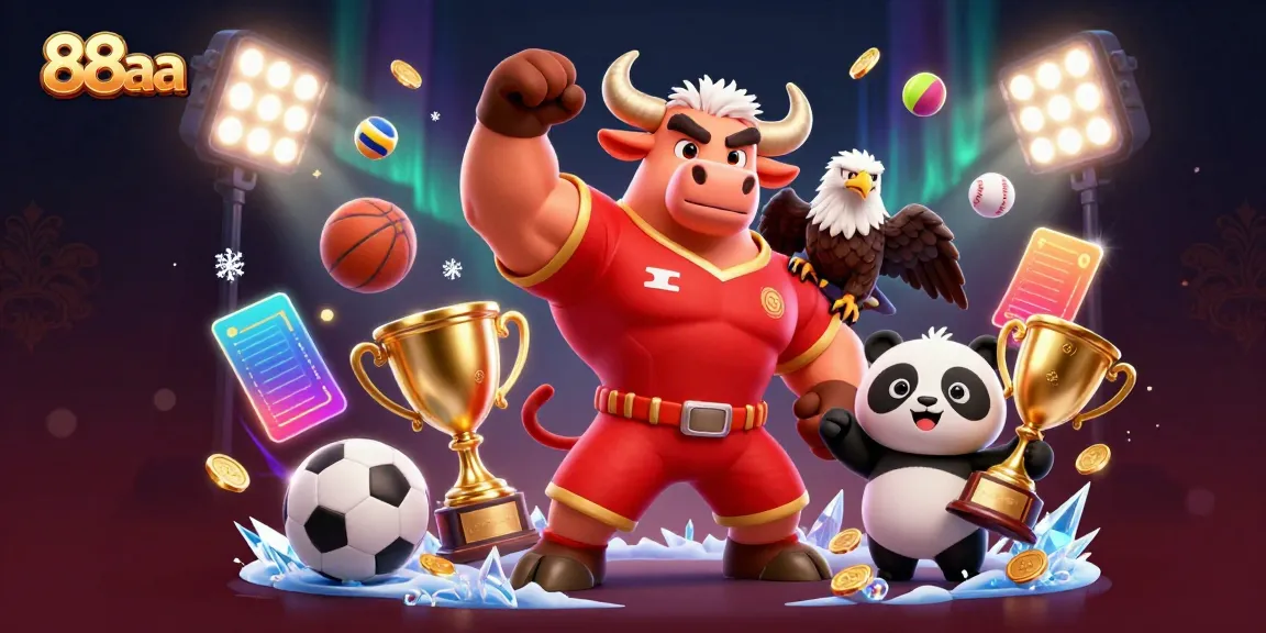 Celebrate victories with 88aa in a dynamic 3D illustration of a bull, eagle, and panda at a sports event.