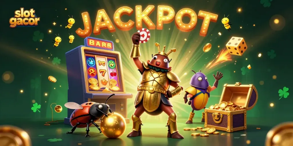 Experience the excitement of slot gacor with a dynamic scene featuring winning characters and vibrant casino elements.