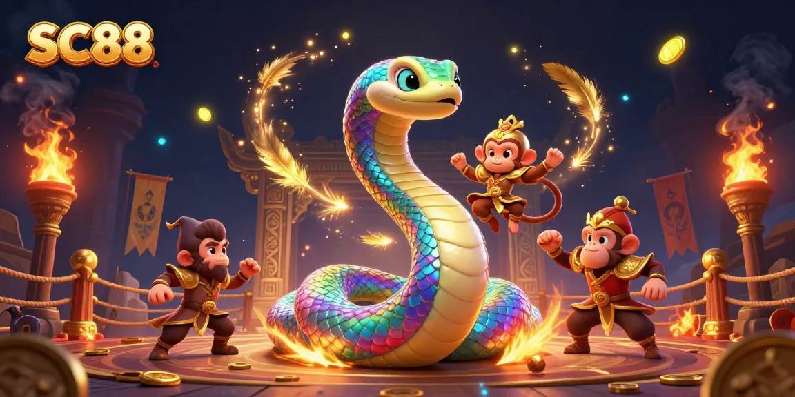 Engage with SC88 gameplay through a vibrant 3D illustration featuring a rainbow serpent and monkey king.