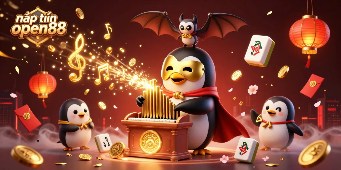 Engage in nạp tiền open88 with captivating illustrations of a penguin playing an organ showering coins.