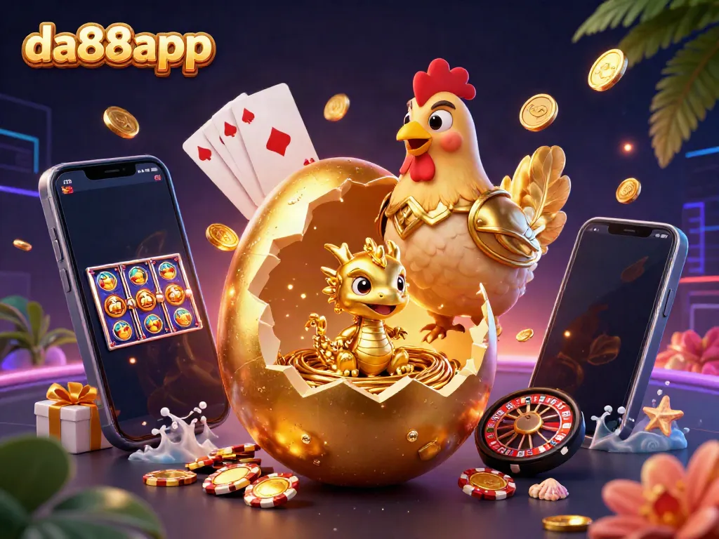 Experience thrilling wins at da88app with a golden dragon guarding poker chips amidst vibrant casino elements.