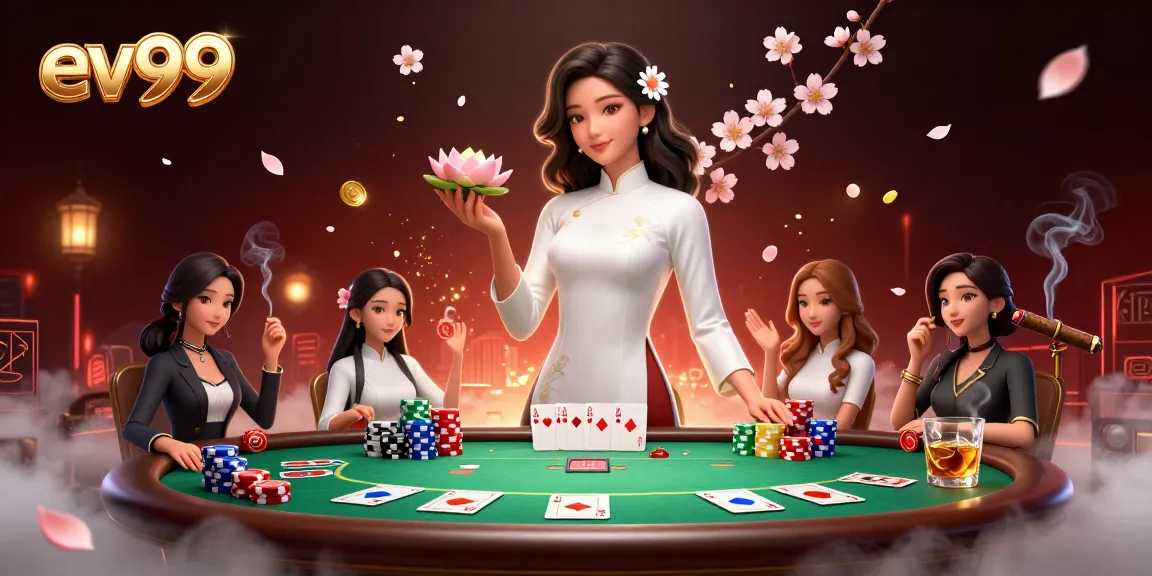 Experience ev99 with an elegant Asian woman at a dynamic poker table, showcasing thrilling casino elements.