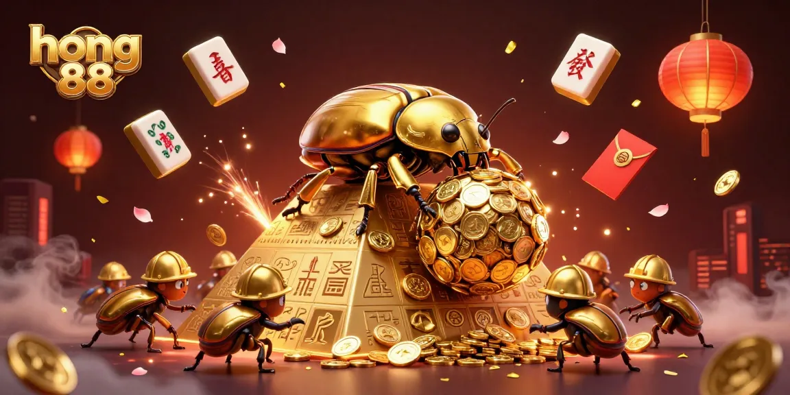 Spin and win with hong 88 in a mesmerizing casino-themed illustration featuring golden beetles and symbols.