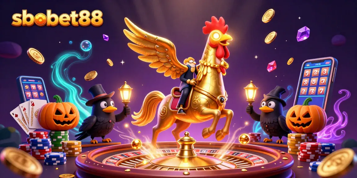 Experience sbobet88 with golden rooster riding a spectral horse in a captivating casino scene.
