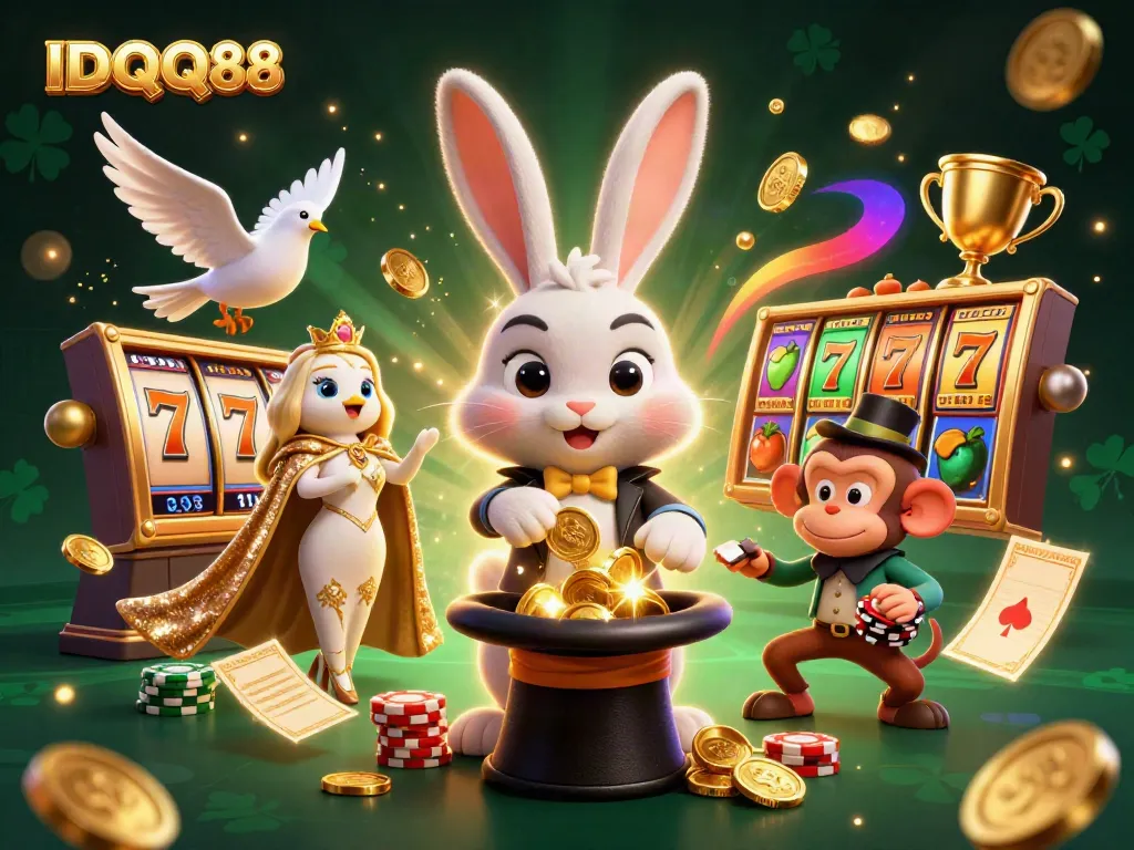 Engage with IDQQ88's thrilling slots through a dynamic illustration of magic, excitement, and gameplay.