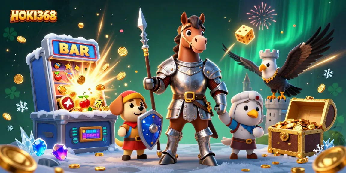Engage with exciting games on HOKI368 as a knight jousts amid glimmering casino elements.