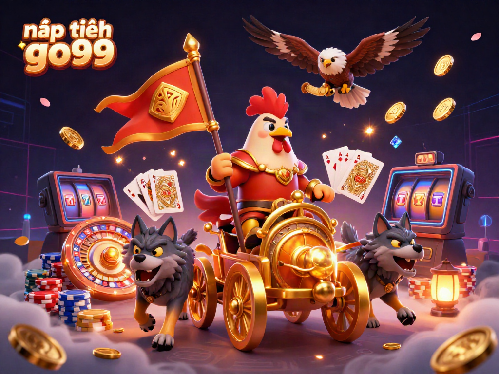 Engage with the excitement of nạp tiền go99 through this dynamic casino illustration featuring a rooster warlord and golden treasures.