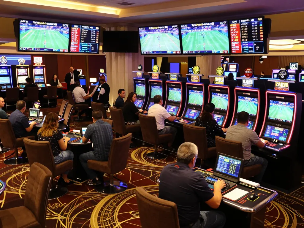 Sports betting excitement at tylekeonhacai88 with patrons placing bets in dynamic casino atmosphere.