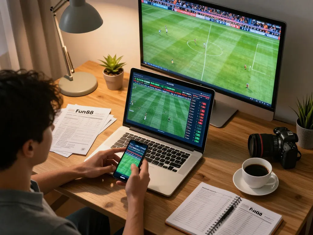 Home sports betting session using Fun88 app, with a person analyzing live statistics and placing bets.