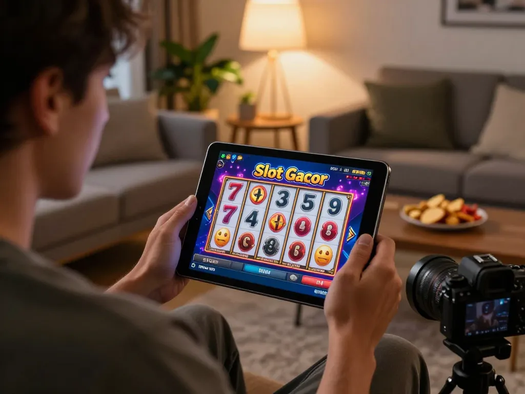 Player engaging with Slot Gacor on tablet, showcasing vibrant reels and home gaming environment.