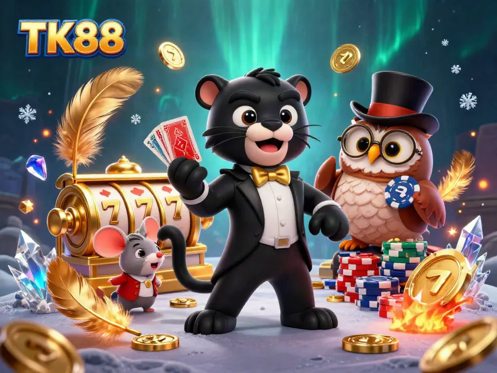 Engaging illustration of TK88 featuring a stylish black panther dealer, an owl with poker chips, and a lucky mouse amidst casino excitement.