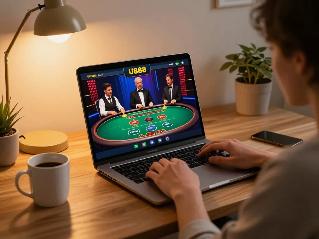 Experience engaging gameplay on U888 with a live dealer table, cozy home setup, and strategic betting.