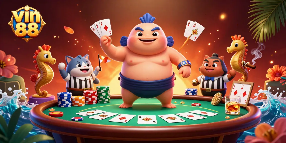 Experience high-stakes fun with vin 88 as fugu characters engage in a thrilling poker showdown.