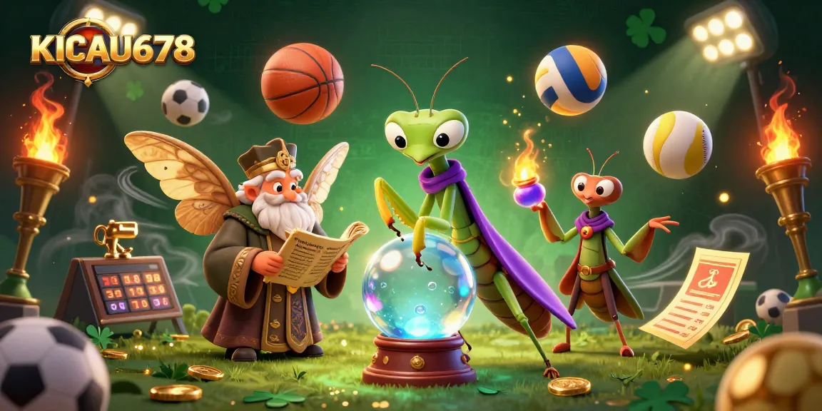 KICAU678 Casino offers exciting betting insights with a 3D cartoon scene of fortune tellers and sports elements.
