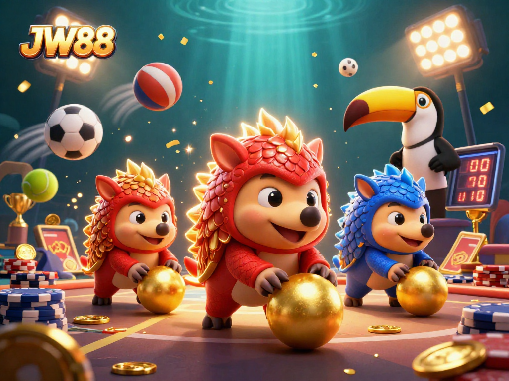 JW88 pangolins bowling through poker chips in vibrant 3D casino scene