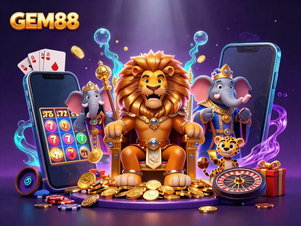 Experience thrilling gameplay at GEM88 with a majestic lion king and vibrant casino elements.