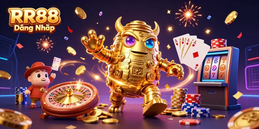 Engage with RR88 Đăng Nhập, featuring a golden golem and thrilling casino elements in a vibrant scene.
