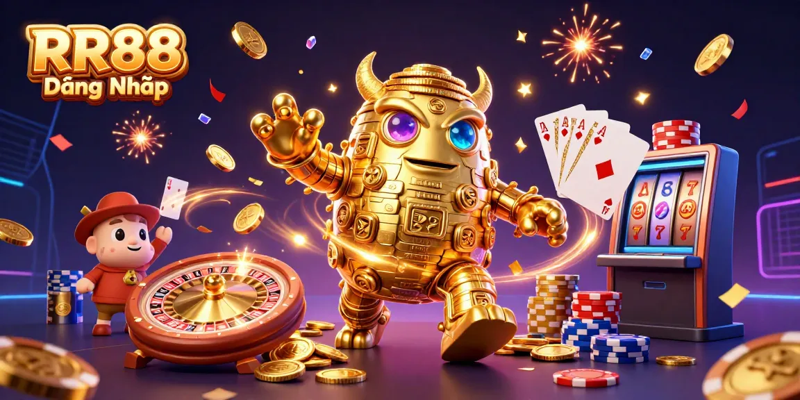 Engage with RR88 Đăng Nhập, featuring a golden golem and thrilling casino elements in a vibrant scene.