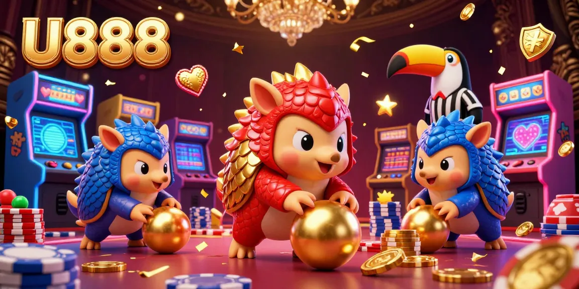 U888 pangolins bowl through poker chips in a vibrant casino scene, creating electrifying entertainment.
