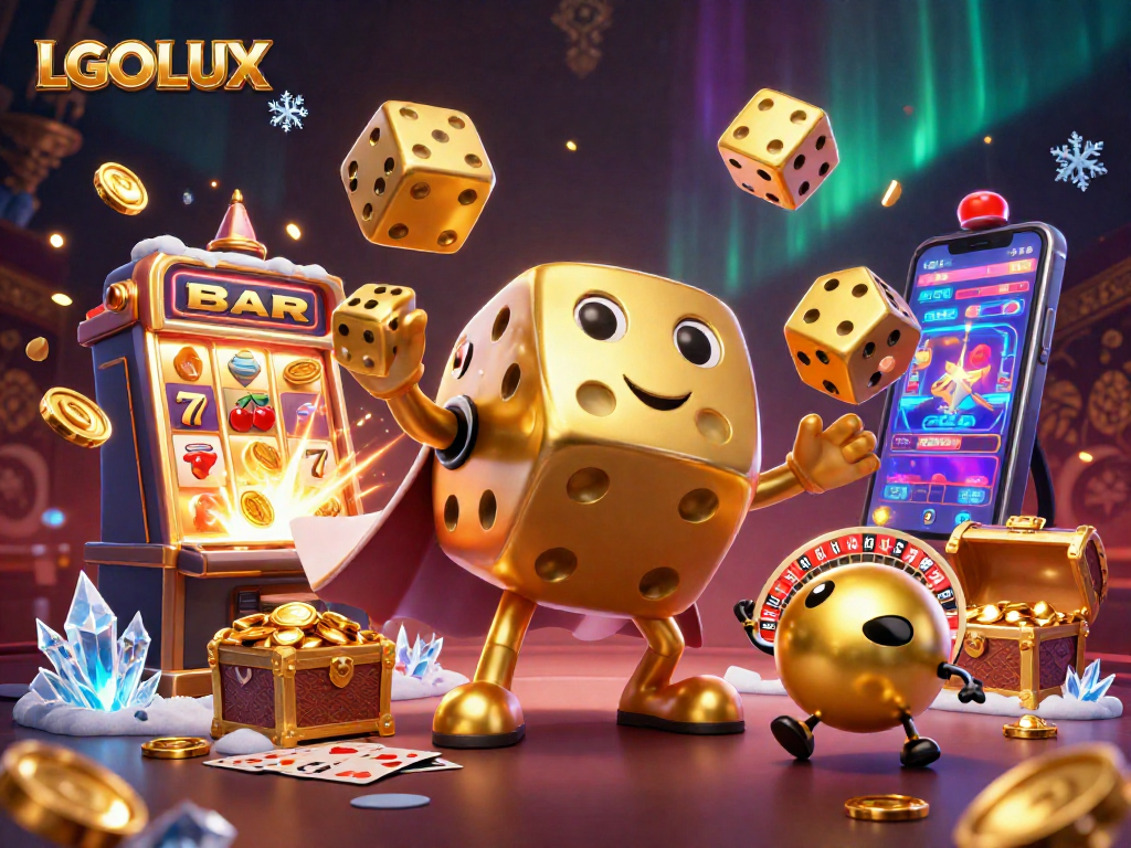 Experience thrilling moments at LGOLUX with a vibrant casino scene featuring a golden dice golem.