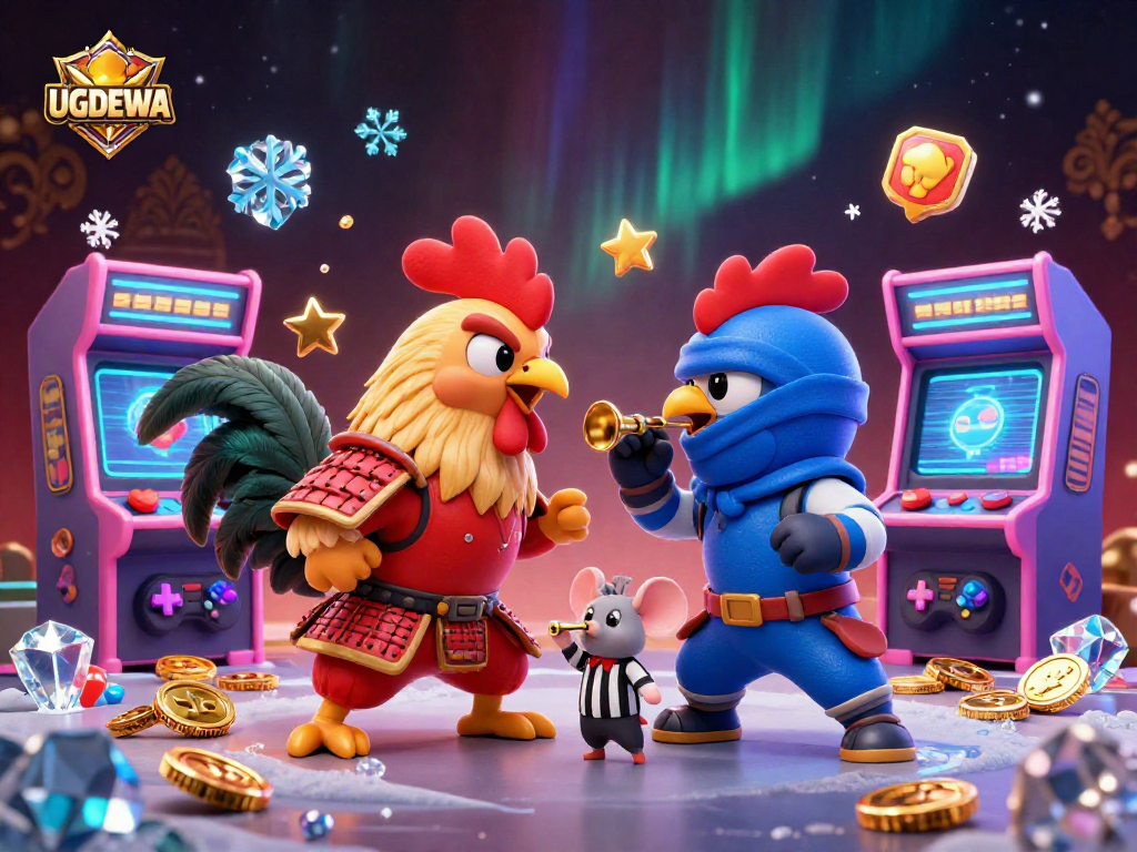 Engage in thrilling multiplayer action with UGDEWA's fighting roosters amidst vibrant casino elements.