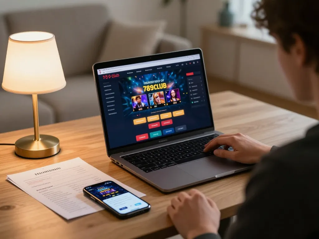 Player engaging with 789club casino app on laptop, showcasing strategic online gambling.