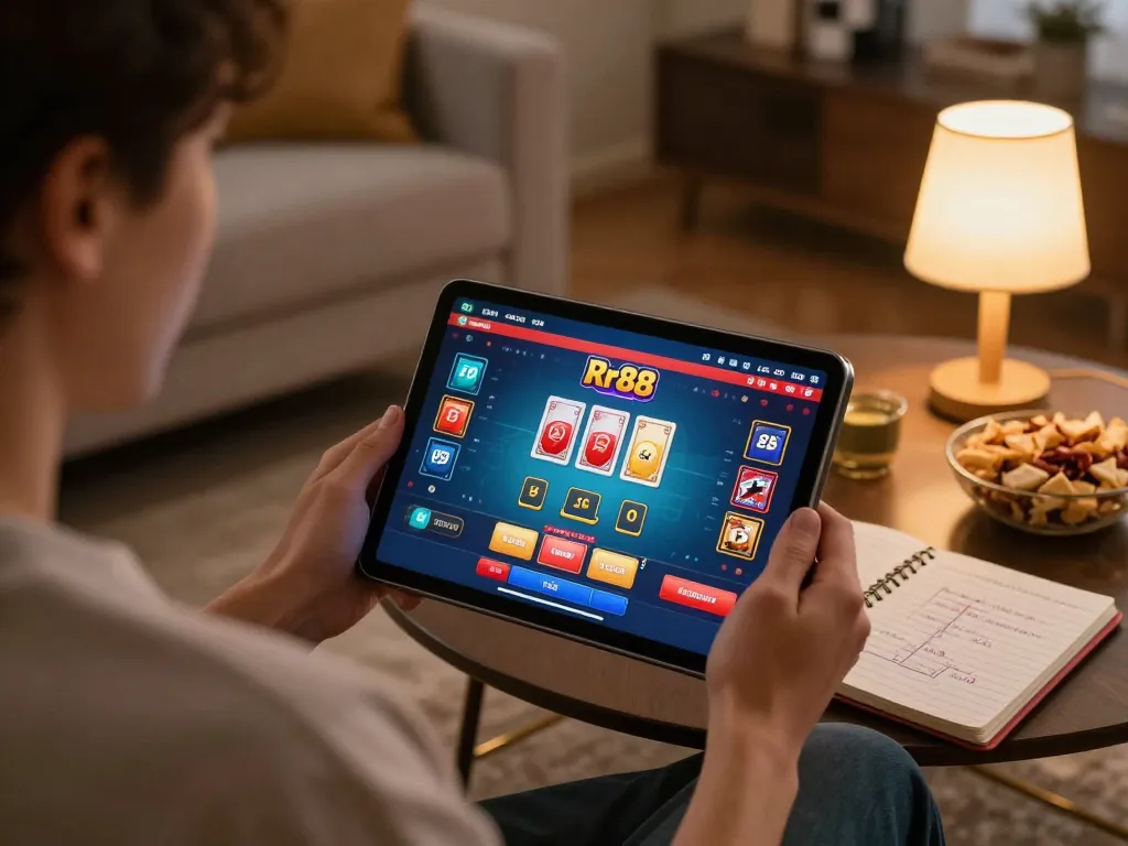 Engaging in online casino gaming on rr88, showcasing strategic gameplay at home