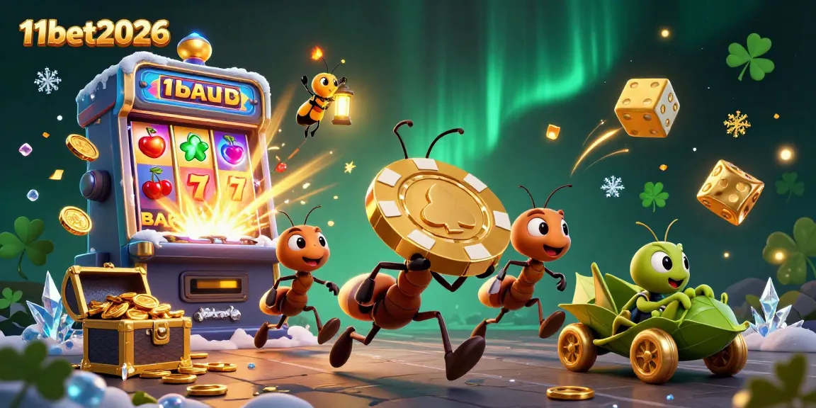 11bet2026 ants carrying a golden poker chip amidst a bursting slot machine and treasure