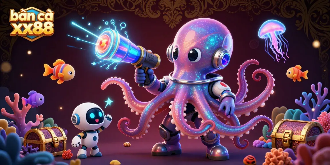 Bắn cá xx88 captivates with vibrant underwater action featuring an octopus and robot in a fish shooting game.