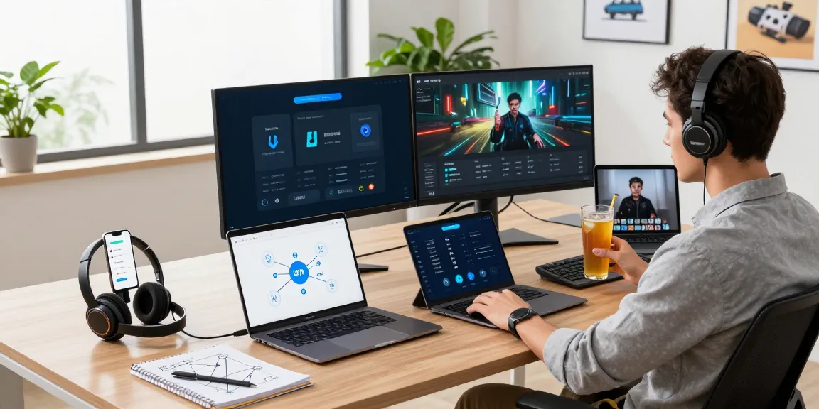 快连 VPN 在现代办公室环境中增强专业人员的安全网络连接，展示出生产力和舒适性。
