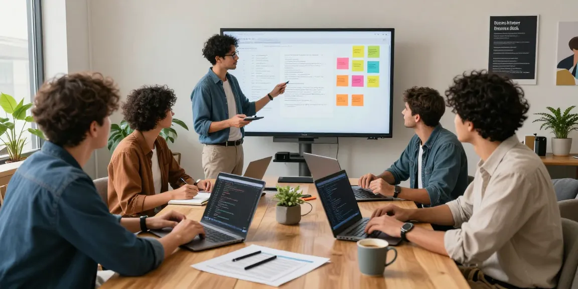 Build internal tools with AI showcased in a collaborative tech workspace with professionals brainstorming and coding.