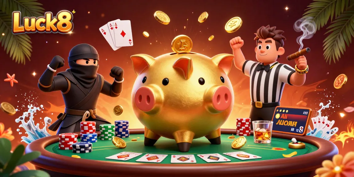 Luck8 game featuring a golden piggy bank sumo wrestler creating excitement with scattered poker chips and cards.
