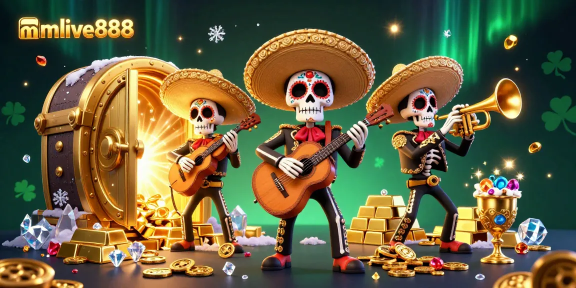 Engage with vibrant mmlive888 characters in a lively casino scene featuring skeleton mariachis and treasures.