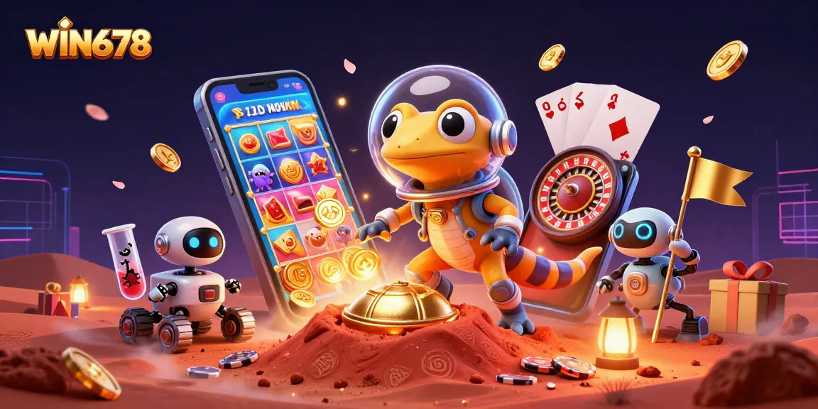 WIN678 entertains with a Martian gecko exploring a casino while enjoying slot games and golden prizes
