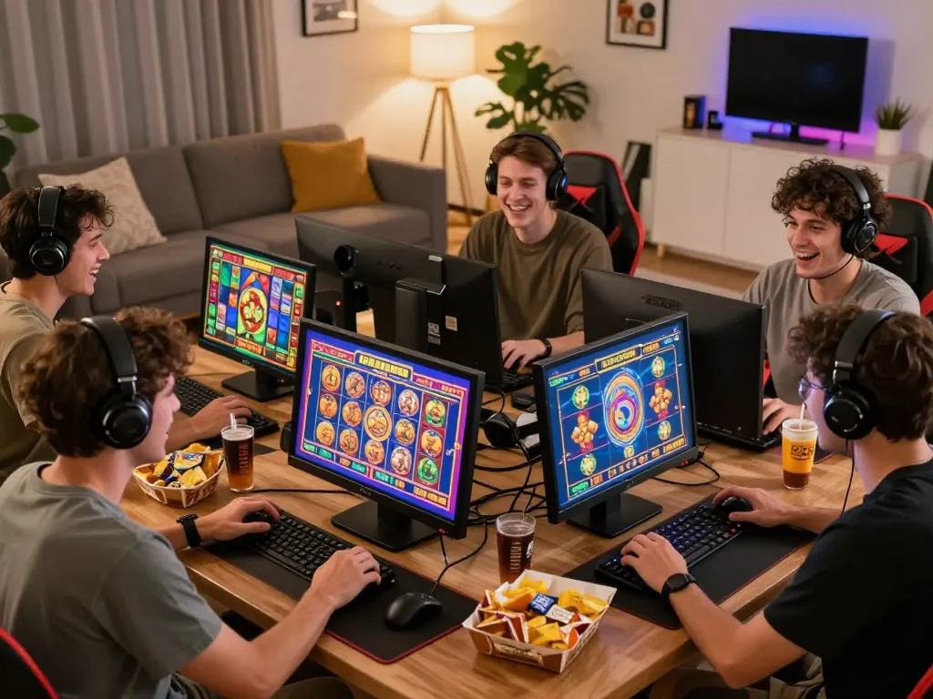 Players enjoying the thrill of vegasslot77 online slot games in a cozy setting, reflecting excitement and camaraderie.