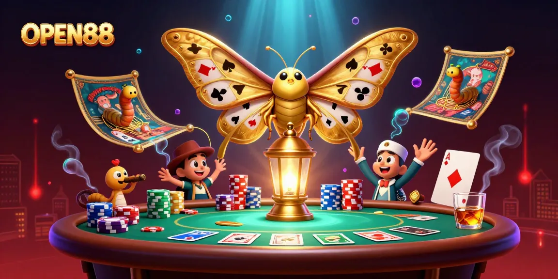 Experience OPEN88's vibrant casino world with golden moths and poker action in an enchanting scene.