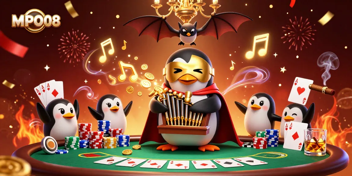 MPO08 penguin playing organ, showering golden coins in vibrant casino scene