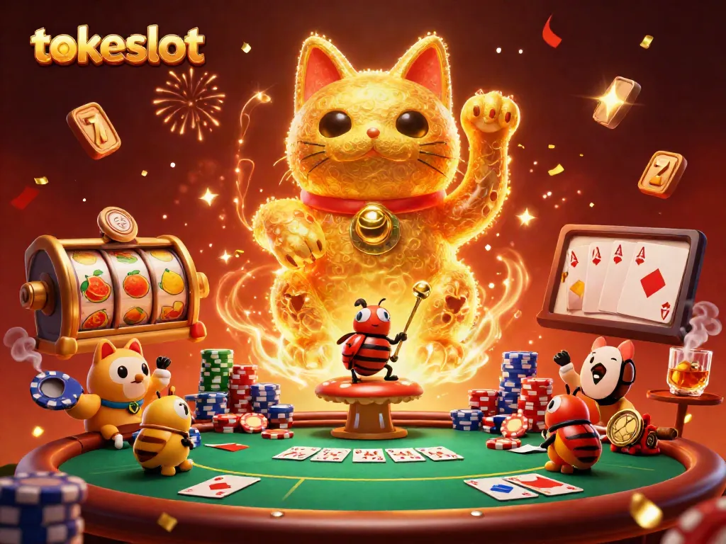 Engage with tokeslot gameplay as a golden lucky cat symbol is animated with vibrant casino elements.