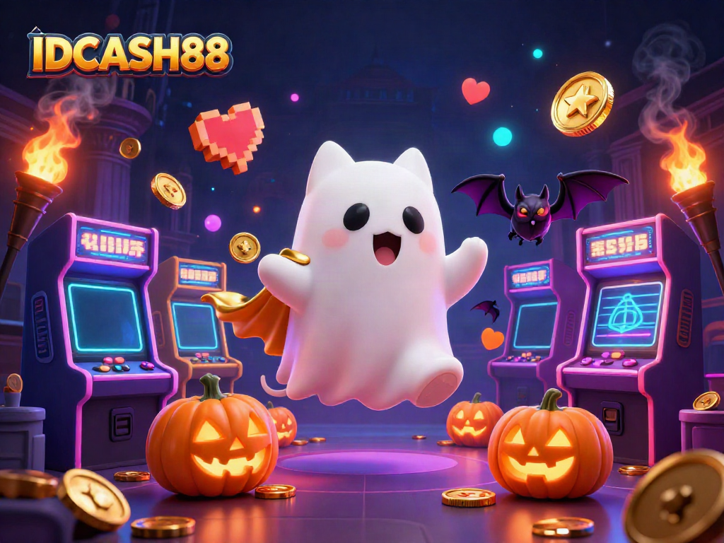 Engage with IDCASH88 through a captivating 3D illustration showing a ghost cat and bat in a casino.